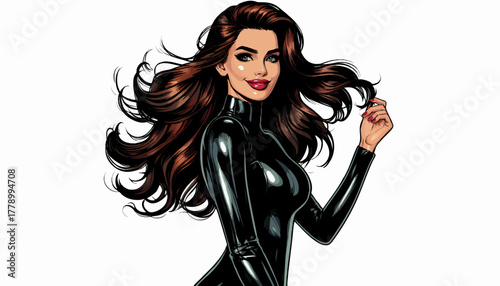 woman in shiny black latex dress with voluminous hair, posing with a seductive smile in comic-style art. Generative ai vector colorful pop art illustration.