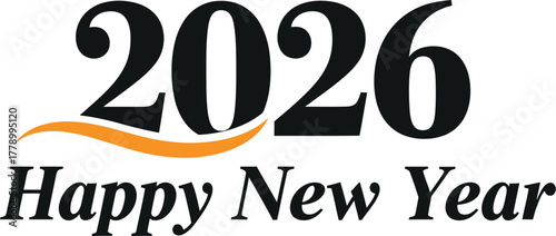 2026 happy new year text graphic with orange wave accent