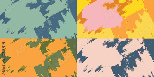 Abstract textured brush strokes in four distinct color palettes creating a vibrant collage background