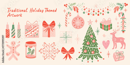 Collection of traditional holiday elements and christmas decorations in a whimsical hand drawn style