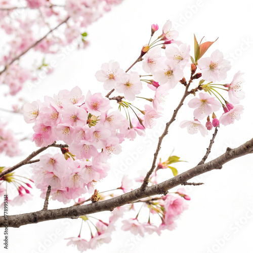 cherry blossom branches with pink and white flowers in full bloom on bright surface