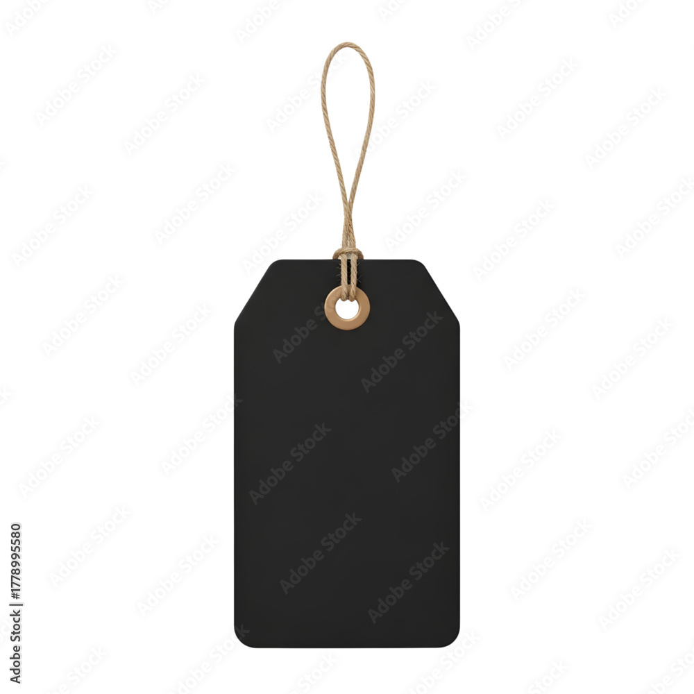 Fototapeta premium A black tag with rounded corners and a brown string on a white background view front