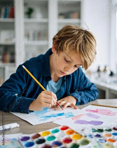 Wallpaper Mural Young boy painting creatively at home. Torontodigital.ca