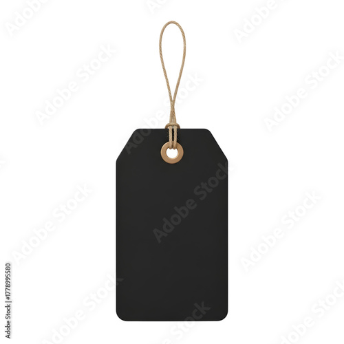 A black tag with rounded corners and a brown string on a white background view front