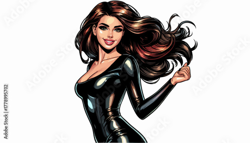 woman in shiny black latex dress with voluminous hair, posing with a seductive smile in comic-style art. Generative ai vector colorful pop art illustration.