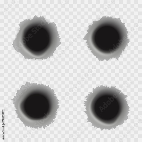 Bullet holes. Set isolated on transparent background. Vector mockup.