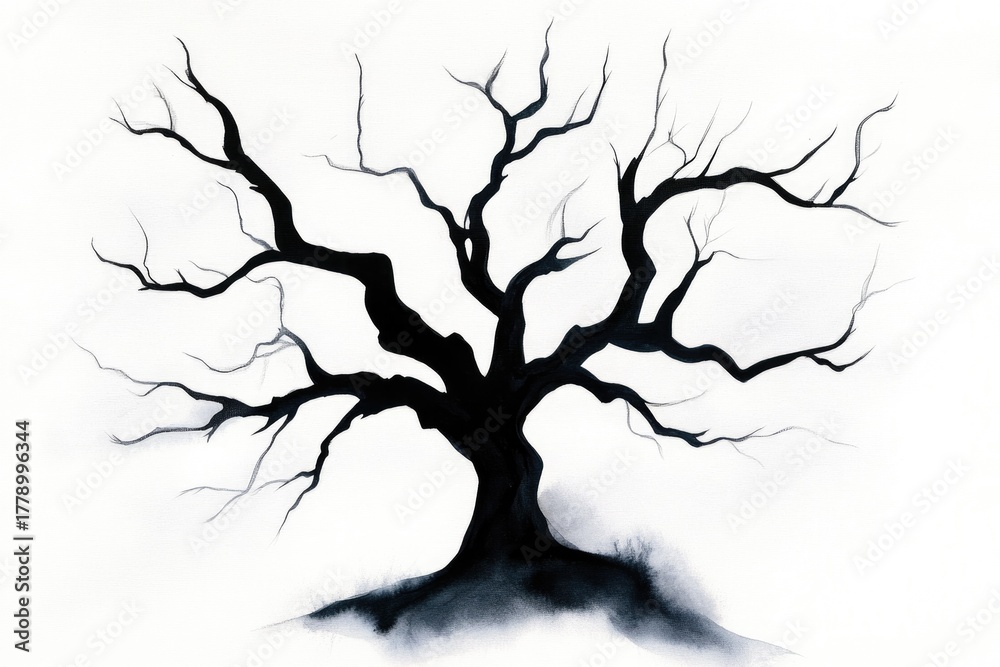 Fototapeta premium Abstract silhouette of a tree with artistic swirling branches in minimalist style