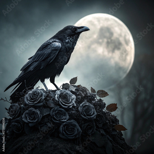 raven on black roses with full moon and bare trees in dark mysterious night scene