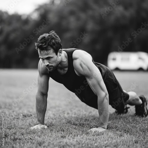 Man doing push-ups on grass in black and white.