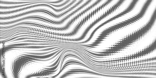 Flowing dots particles wave pattern halftone gradient curve shape isolated on white background