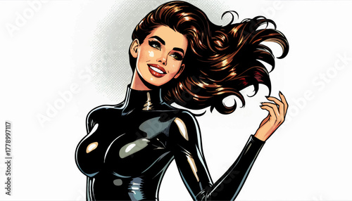 woman in shiny black latex dress with voluminous hair, posing with a seductive smile in comic-style art. Generative ai vector colorful pop art illustration.