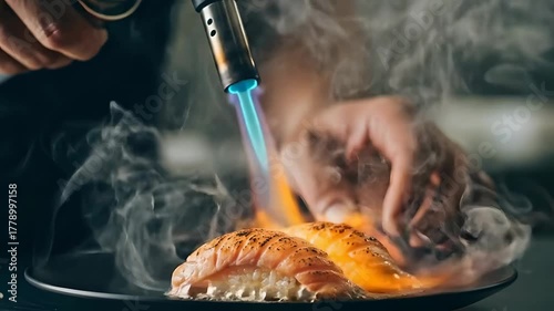 Chef Searing Salmon Nigiri Sushi with a Blowtorch Close Up