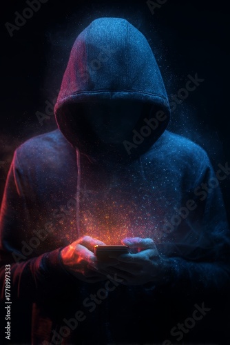 scammer, fraudster, unknown man in hood with phone in his hand on dark background