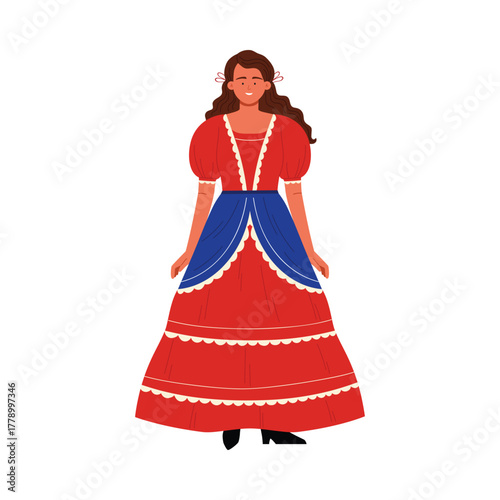 Isolated Chilean woman wearing red and blue traditional folk dance costume on white background vector illustration