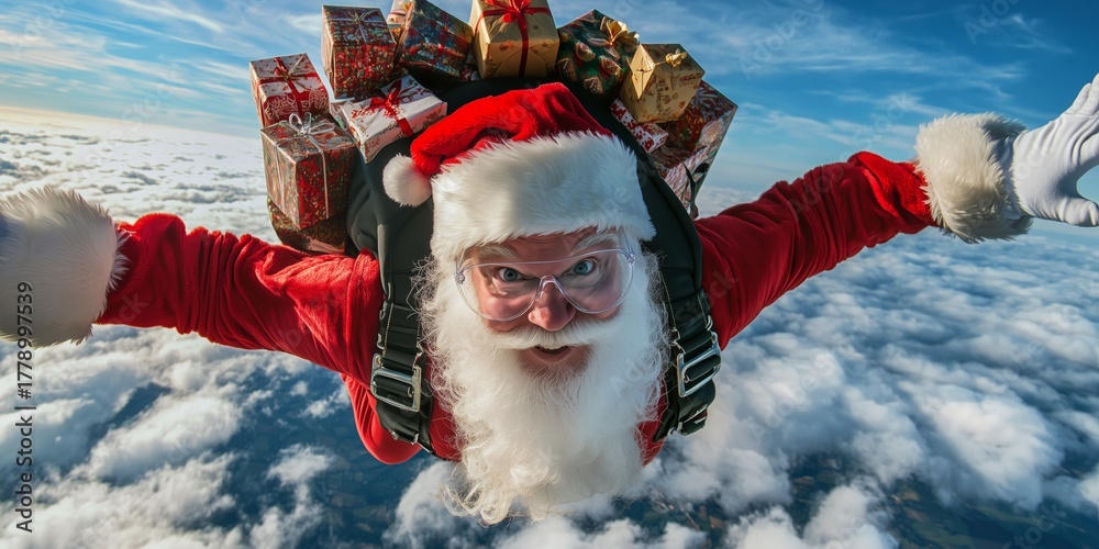 Fototapeta premium Santa Claus as a skydiver jumps to earth with a parachute and many gifts on his back