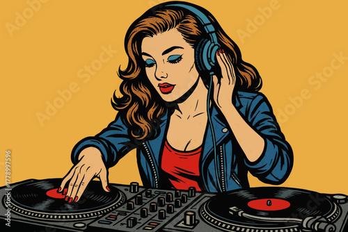 Stylish woman DJ with headphones mixing vinyl records on turntables, portrayed in vibrant retro pop art comic book style. Generative ai vector colorful pop art illustration.