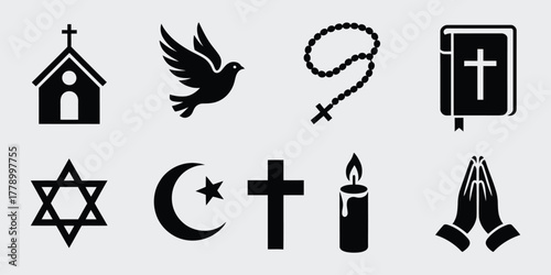 Christianity icon set collection featuring religious symbols of faith including cross, dove, bible, and sacred elements