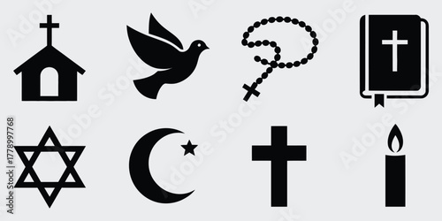 Christianity icon set collection featuring religious symbols of faith including cross, dove, bible, and sacred elements