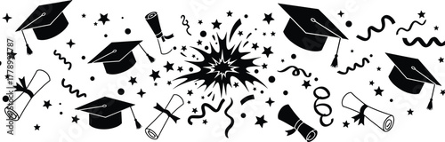 Graduation celebration vector—caps, diplomas, confetti, and burst for academic success and milestone-themed festive compositions