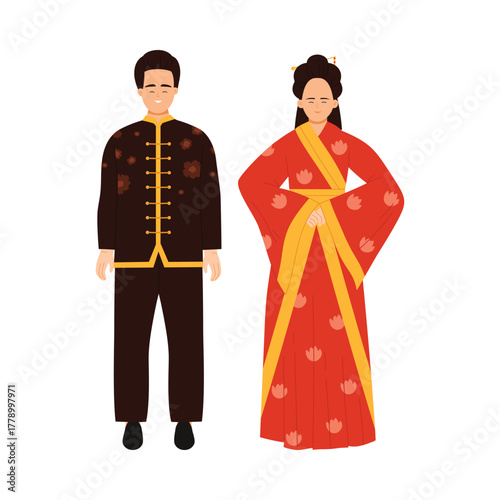 Isolated man and woman wearing traditional Chinese clothing on white background for cultural and festive themes vector illustration