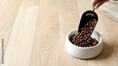 Pouring Dry Pet Kibble into a Modern White Bowl in Slow Motion