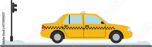 Yellow taxi cab parked at traffic light in winter, flat vector, transparent background  