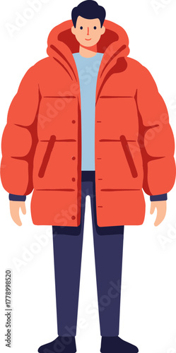 Young man in red puffer jacket standing against transparent background  