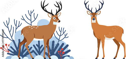 Two deer in a winter landscape with foliage and minimalist design  