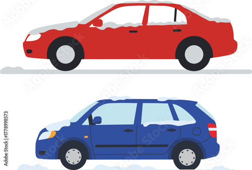 Red and blue cars covered in snow on flat vector design  