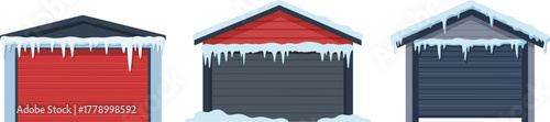 Winter-themed shed illustrations with icicles and vibrant colors  
