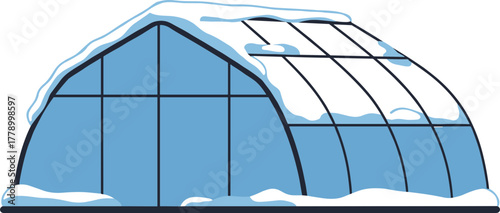 Greenhouse covered in snow during winter, flat vector, transparent background  