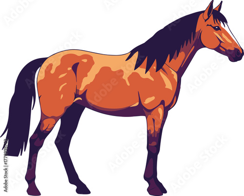Brown horse standing in profile with a colorful flat vector design  