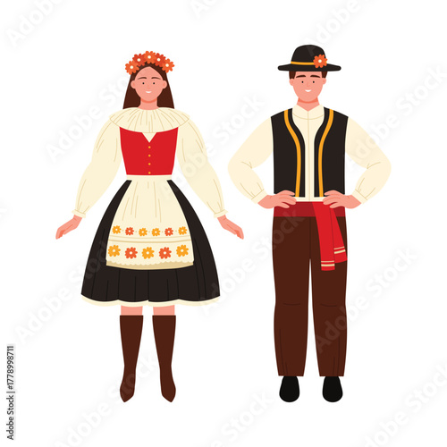 Man and woman in Czech Republic traditional folk clothing on white isolated background vector illustration