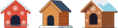 Three dog houses in winter style with snow and decorations  