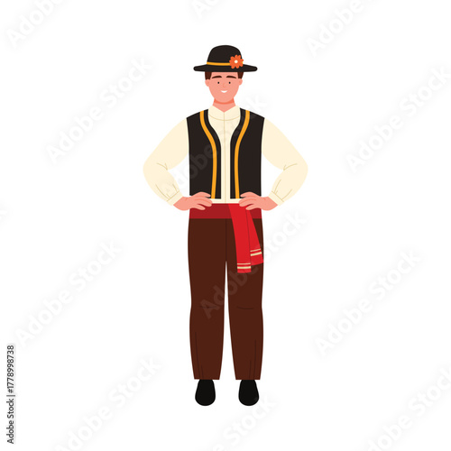 Isolated Czech man wearing traditional folk costume with hat and sash on white background vector illustration
