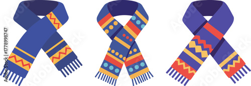 Colorful winter scarves in flat vector style with patterns  
