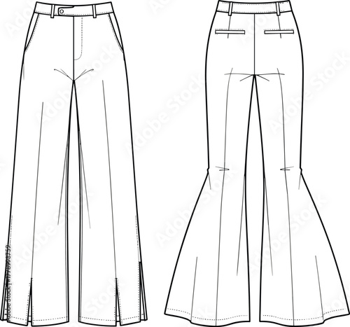 Women flared pants technical flat sketch, front and back view, high waist trousers with pockets and seam detail, cad drawing flat vector illustration