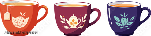Colorful tea cups with decorative designs on transparent background  