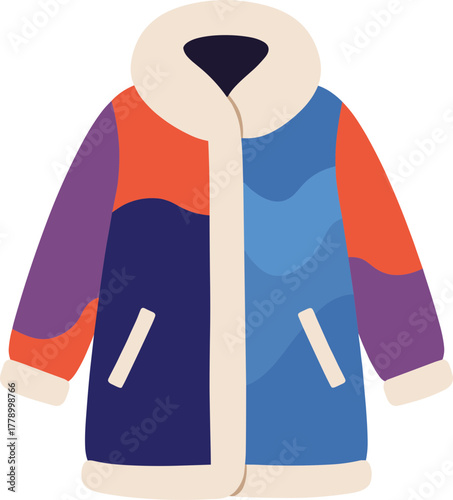 Colorful winter jacket with fur collar and abstract patterns  