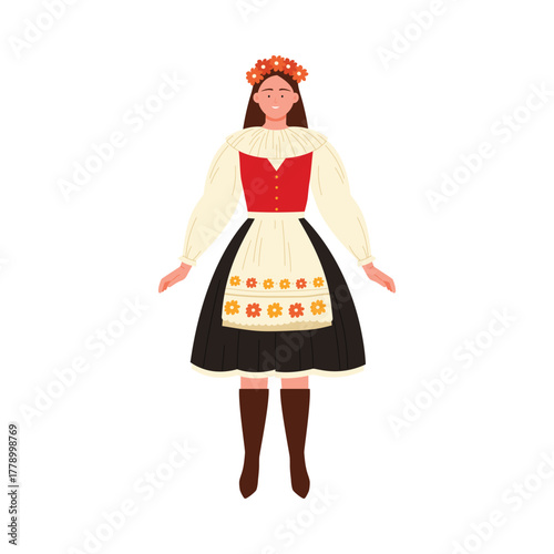 Czech woman wearing traditional folk dress with floral headband and boots on isolated white background vector illustration