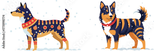 Two decorative dogs with patterned coats standing in winter snow  