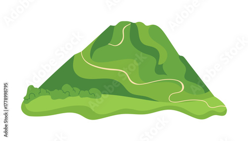 Stylized green mountain with winding path isolated on white vector illustration