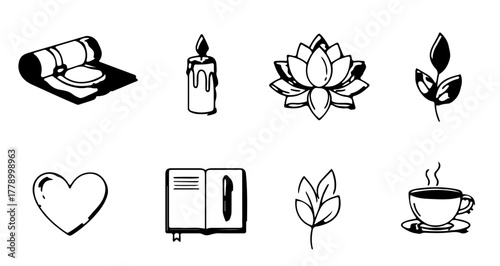 Vector Icon Set of Self-Care and Wellness Items Yoga Mat, Candle, Lotus Flower, Leaf, Heart, Journal, and Cup of Tea in Minimal Pastel Line Art Design