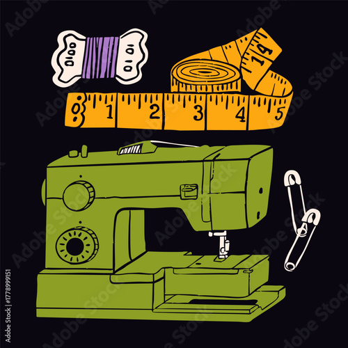 Sewing equipment, tools, accessories set. Sewing machine, ruler, threads, needles, pin. Colorful trendy style. Hand drawn Vector illustration. Isolated design elements