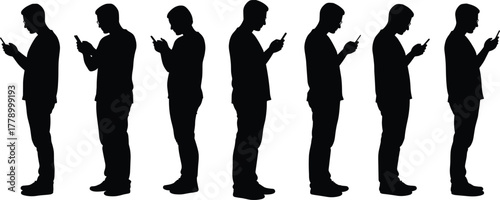 Silhouette of men using smartphones while standing in line, modern technology addiction, digital lifestyle, online communication, mobile device concept
