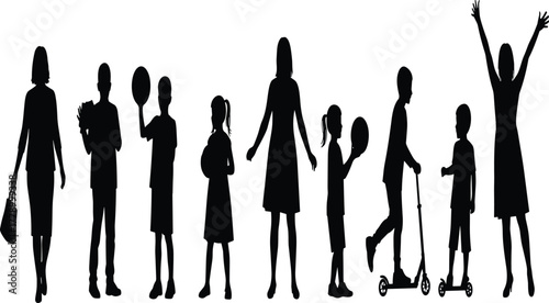 Silhouette of family and children in different activities, happy lifestyle concept, parenting, unity, love, outdoor fun, childhood joy illustration