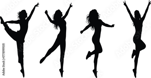 Silhouette of happy dancing woman in various poses, joyful freedom motion art, expressive female dance illustration, modern lifestyle concept design