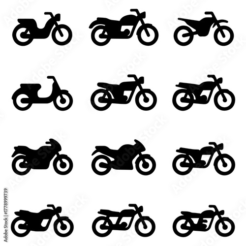 List of different type of motorcycle, bike, and motorbike icon set.
