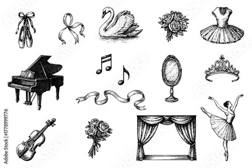 A comprehensive set of hand-drawn, monochrome ballet illustrations