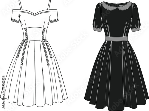 Vintage off shoulder lace dress and puff sleeve peter pan collar gown technical flat sketch, front and back view, cad drawing flat vector illustration